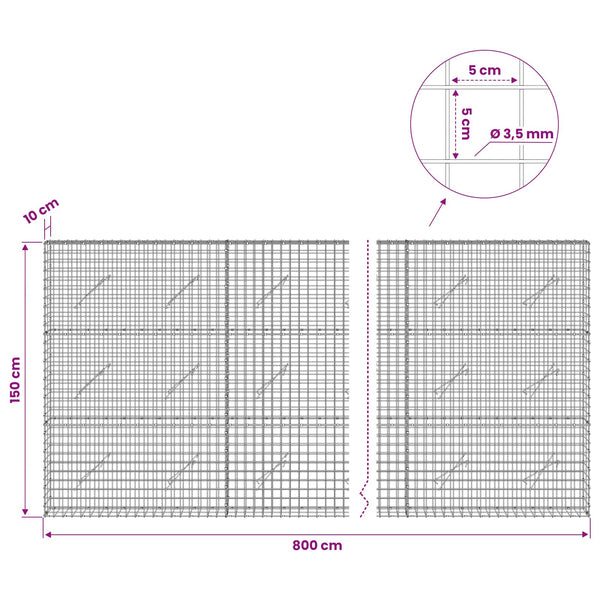 Gabioni, jossa 3,5 mm langat ja 5x5 cm verkko 800x10x150 cm