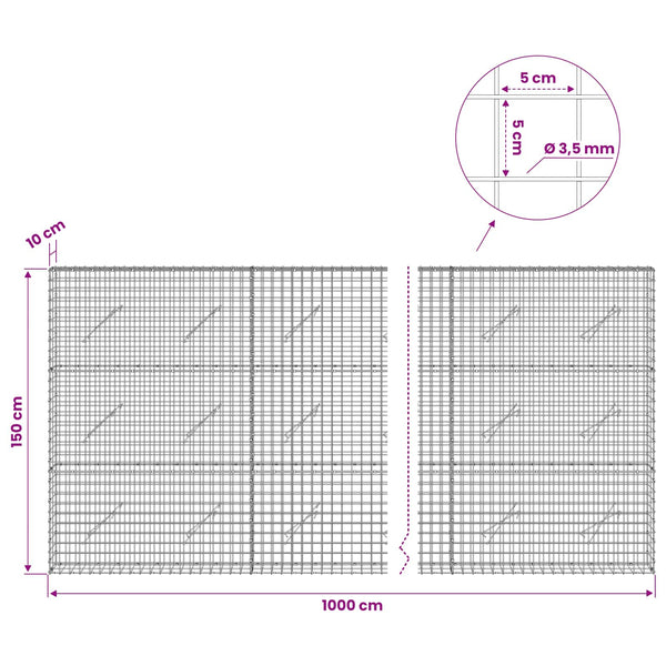 Gabioni, jossa 3,5 mm langat ja 5x5 cm verkko 1000x10x150 cm
