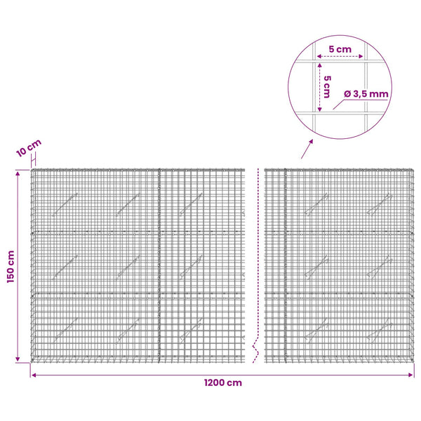 Gabioni, jossa 3,5 mm langat ja 5x5 cm verkko 1200x10x150 cm