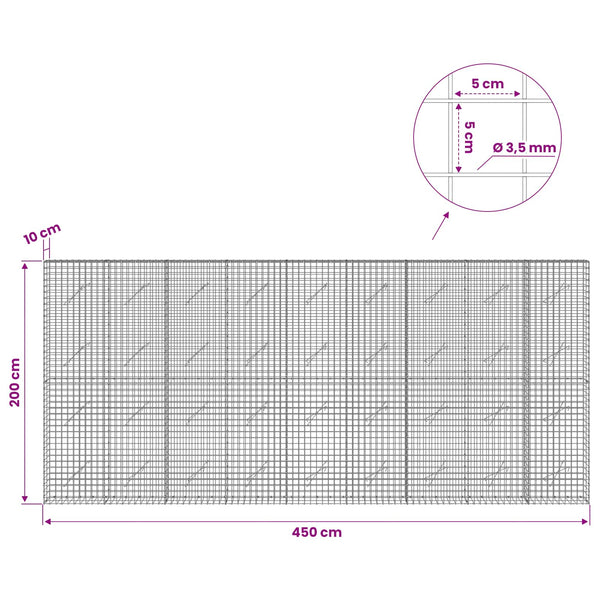 Gabioni, jossa 3,5 mm langat ja 5x5 cm verkko 450x10x200 cm