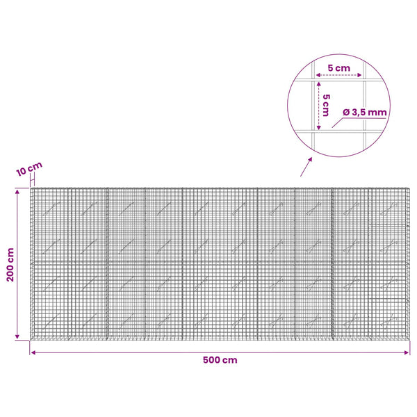 Gabioni, jossa 3,5 mm langat ja 5x5 cm verkko 500x10x200 cm