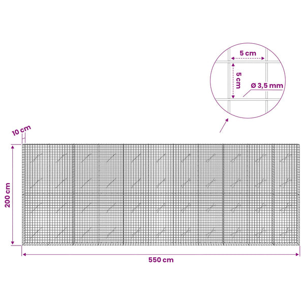 Gabioni, jossa 3,5 mm langat ja 5x5 cm verkko 550x10x200 cm
