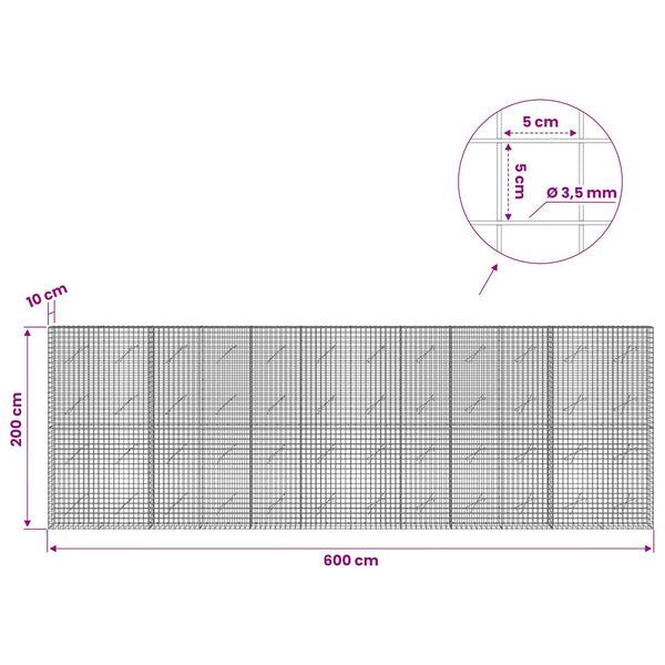 Gabioni, jossa 3,5 mm langat ja 5x5 cm verkko 600x10x200 cm