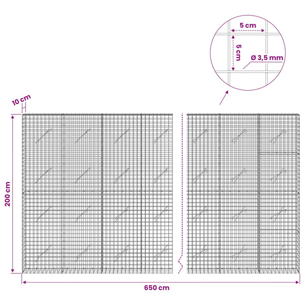 Gabioni, jossa 3,5 mm langat ja 5x5 cm verkko 650x10x200 cm