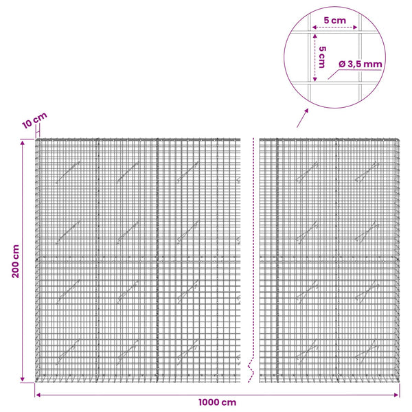 Gabioni, jossa 3,5 mm langat ja 5x5 cm verkko 1000x10x200 cm