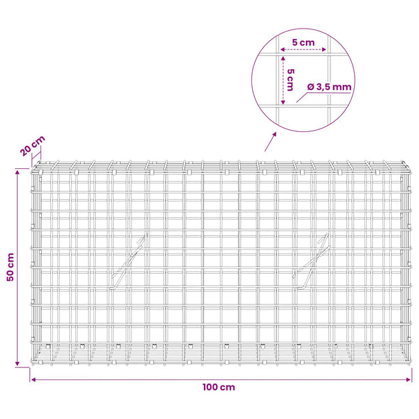 Gabioni, jossa 3,5 mm langat ja 5x5 cm verkko 100x20x50 cm