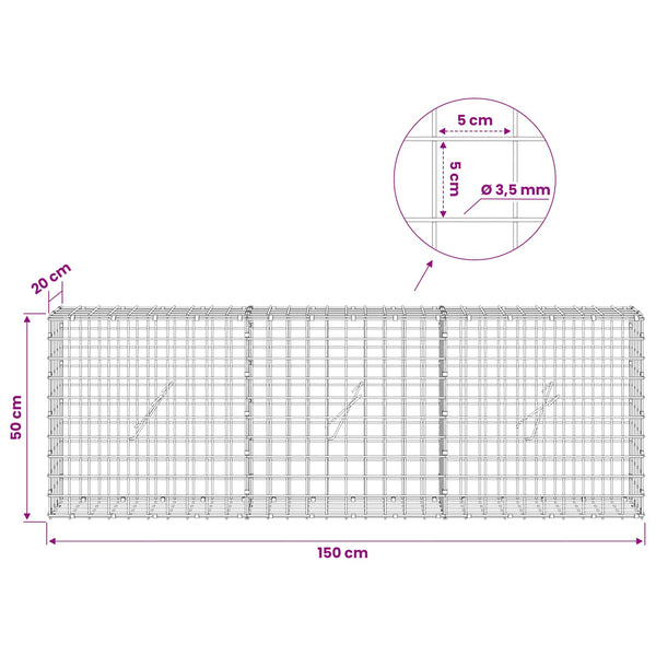 Gabioni, jossa 3,5 mm langat ja 5x5 cm verkko 150x20x50 cm