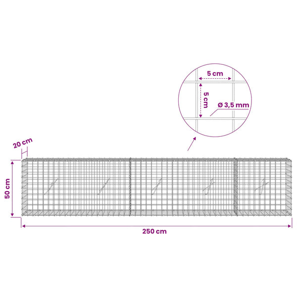 Gabioni, jossa 3,5 mm langat ja 5x5 cm verkko 250x20x50 cm