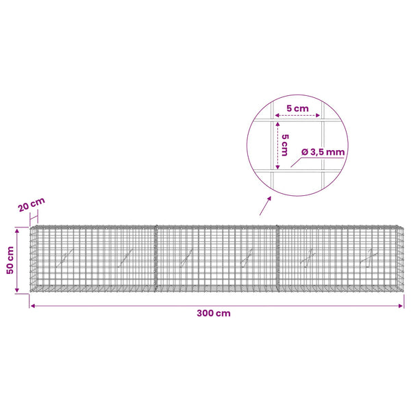 Gabioni, jossa 3,5 mm langat ja 5x5 cm verkko 300x20x50 cm