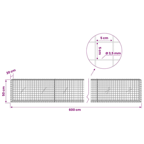 Gabioni, jossa 3,5 mm langat ja 5x5 cm verkko 600x20x50 cm