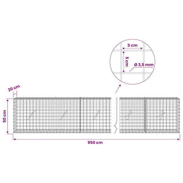 Gabioni, jossa 3,5 mm langat ja 5x5 cm verkko 950x20x50 cm