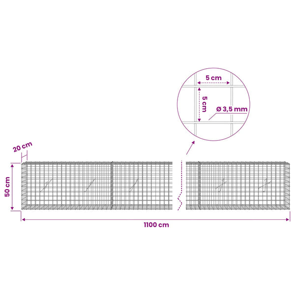 Gabioni, jossa 3,5 mm langat ja 5x5 cm verkko 1100x20x50 cm