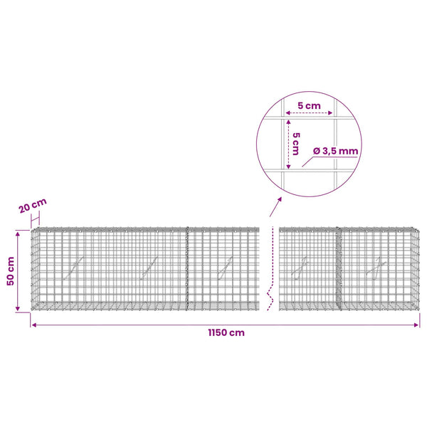 Gabioni, jossa 3,5 mm langat ja 5x5 cm verkko 1150x20x50 cm
