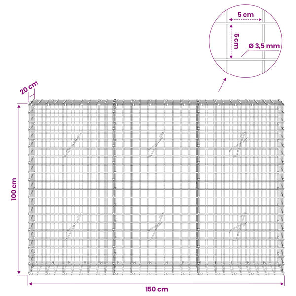 Gabioni, jossa 3,5 mm langat ja 5x5 cm verkko 150x20x100 cm
