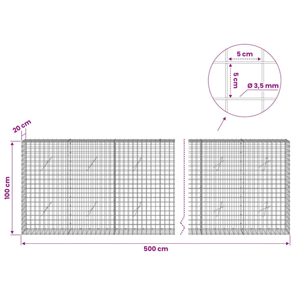 Gabioni, jossa 3,5 mm langat ja 5x5 cm verkko 500x20x100 cm