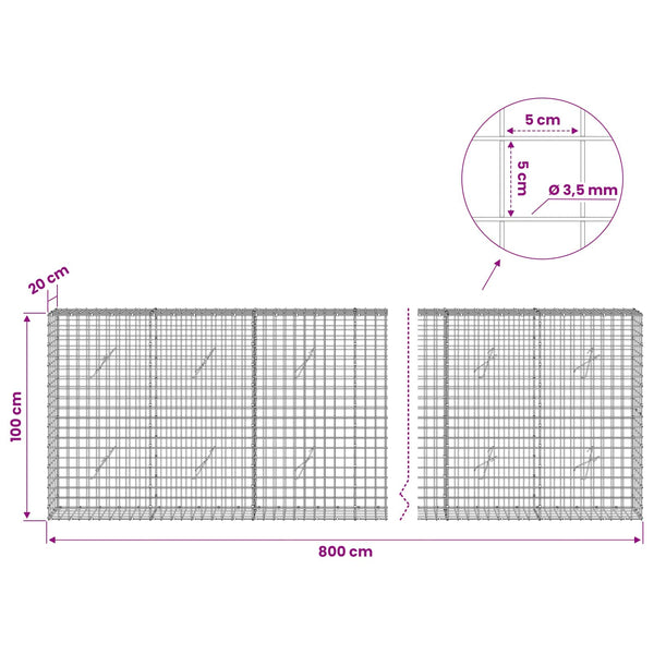 Gabioni, jossa 3,5 mm langat ja 5x5 cm verkko 800x20x100 cm