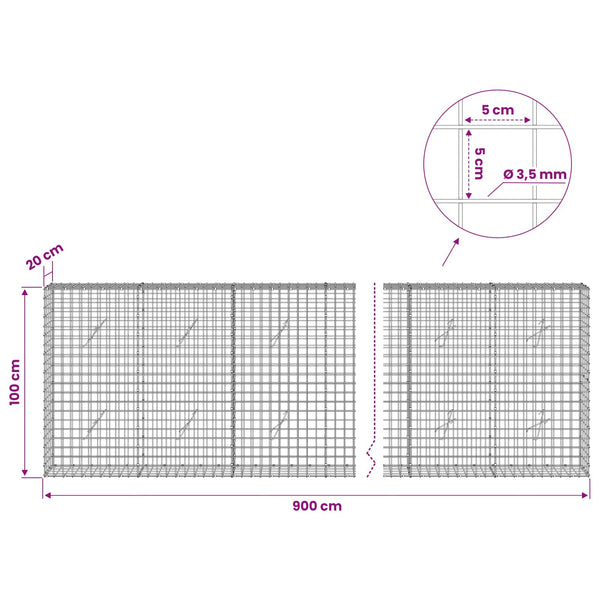 Gabioni, jossa 3,5 mm langat ja 5x5 cm verkko 900x20x100 cm