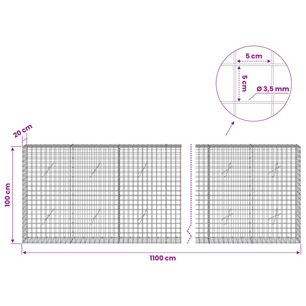 Gabioni, jossa 3,5 mm langat ja 5x5 cm verkko 1100x20x100 cm