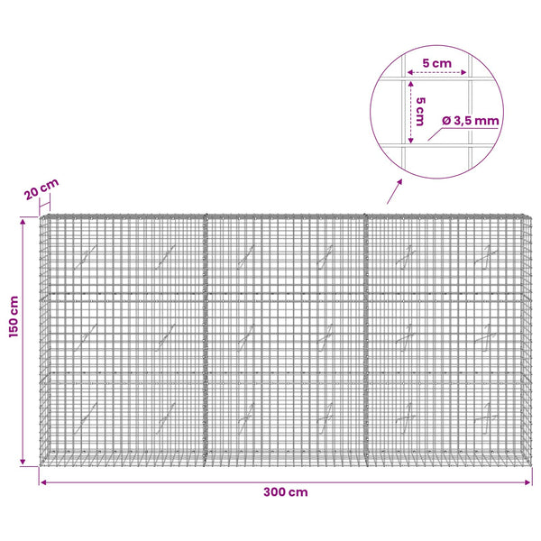 Gabioni, jossa 3,5 mm langat ja 5x5 cm verkko 300x20x150 cm