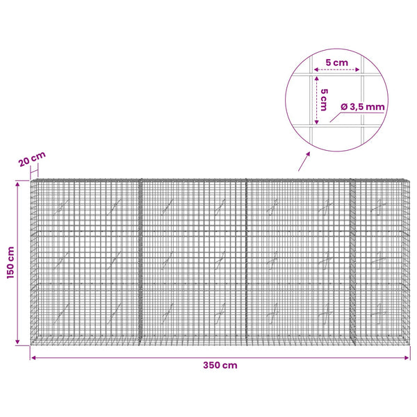 Gabioni, jossa 3,5 mm langat ja 5x5 cm verkko 350x20x150 cm