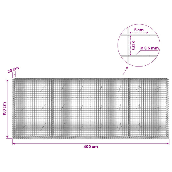 Gabioni, jossa 3,5 mm langat ja 5x5 cm verkko 400x20x150 cm