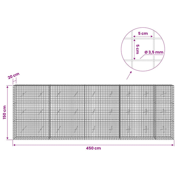 Gabioni, jossa 3,5 mm langat ja 5x5 cm verkko 450x20x150 cm