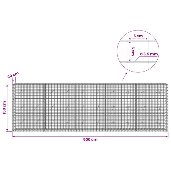 Gabioni, jossa 3,5 mm langat ja 5x5 cm verkko 500x20x150 cm