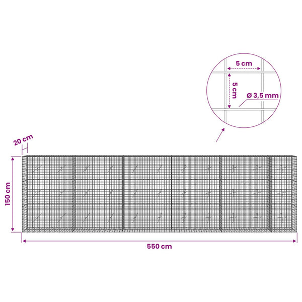 Gabioni, jossa 3,5 mm langat ja 5x5 cm verkko 550x20x150 cm