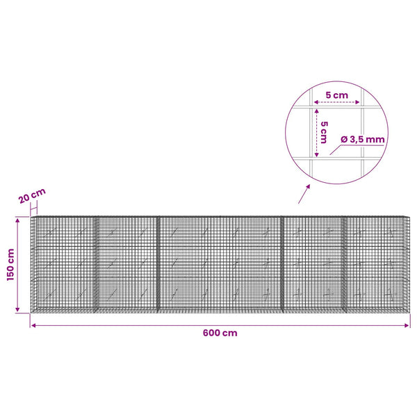 Gabioni, jossa 3,5 mm langat ja 5x5 cm verkko 600x20x150 cm