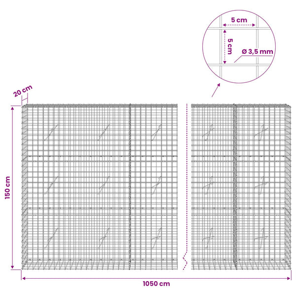 Gabioni, jossa 3,5 mm langat ja 5x5 cm verkko 1050x20x150 cm