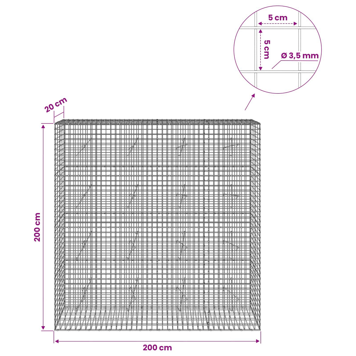 Gabioni, jossa 3,5 mm langat ja 5x5 cm verkko 200x20x200 cm