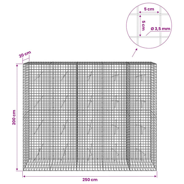 Gabioni, jossa 3,5 mm langat ja 5x5 cm verkko 250x20x200 cm