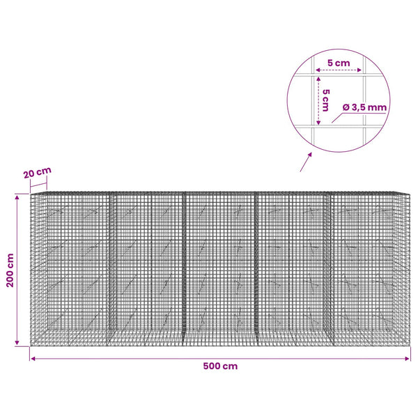 Gabioni, jossa 3,5 mm langat ja 5x5 cm verkko 500x20x200 cm