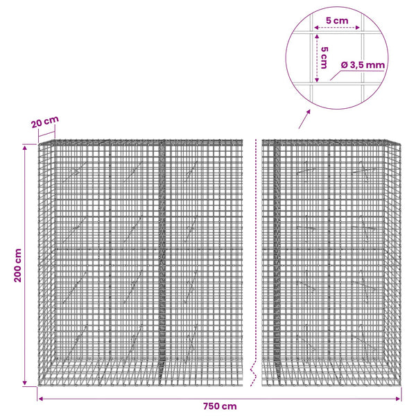 Gabioni, jossa 3,5 mm langat ja 5x5 cm verkko 750x20x200 cm