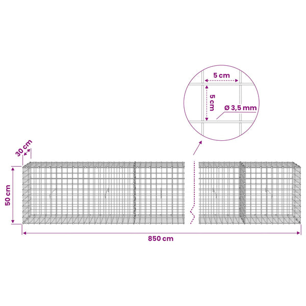 Gabioni, jossa 3,5 mm langat ja 5x5 cm verkko 850x30x50 cm