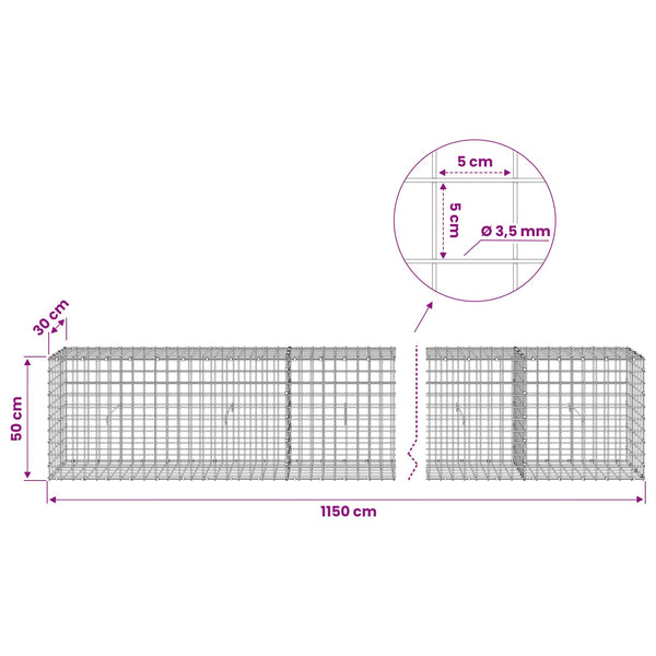 Gabioni, jossa 3,5 mm langat ja 5x5 cm verkko 1150x30x50 cm