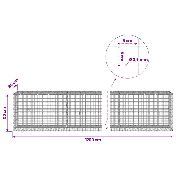 Gabioni, jossa 3,5 mm langat ja 5x5 cm verkko 1200x30x50 cm