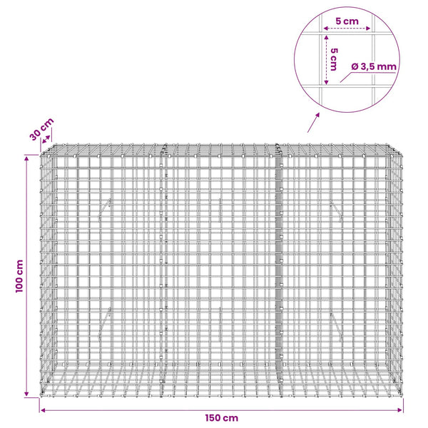 Gabioni, jossa 3,5 mm langat ja 5x5 cm verkko 150x30x100 cm