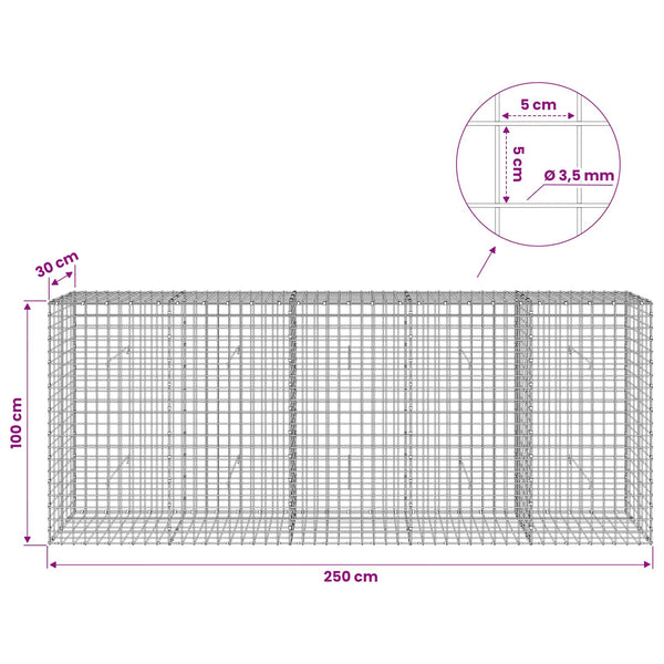 Gabioni, jossa 3,5 mm langat ja 5x5 cm verkko 250x30x100 cm