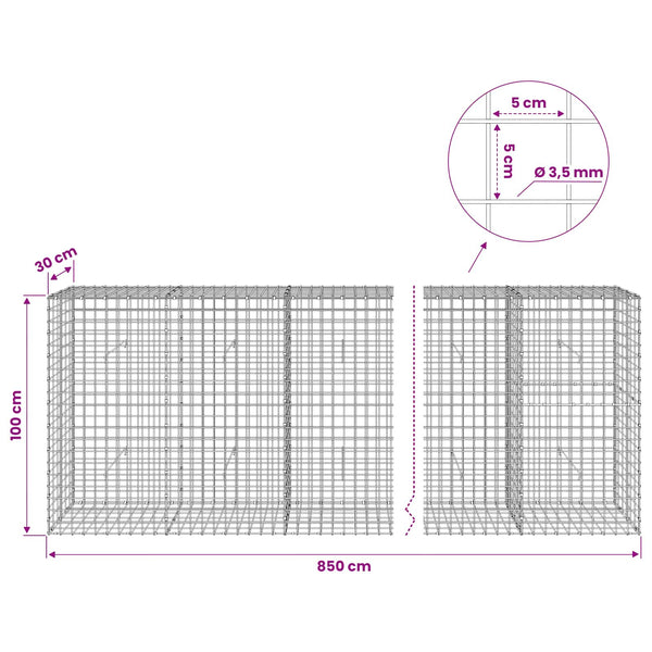 Gabioni, jossa 3,5 mm langat ja 5x5 cm verkko 850x30x100 cm