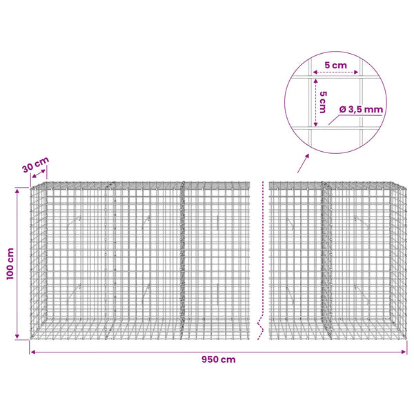 Gabioni, jossa 3,5 mm langat ja 5x5 cm verkko 950x30x100 cm