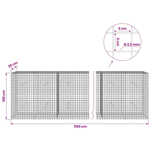 Gabioni, jossa 3,5 mm langat ja 5x5 cm verkko 1100x30x100 cm