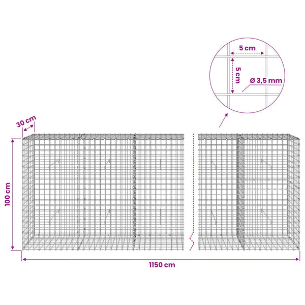 Gabioni, jossa 3,5 mm langat ja 5x5 cm verkko 1150x30x100 cm