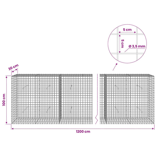 Gabioni, jossa 3,5 mm langat ja 5x5 cm verkko 1200x30x100 cm