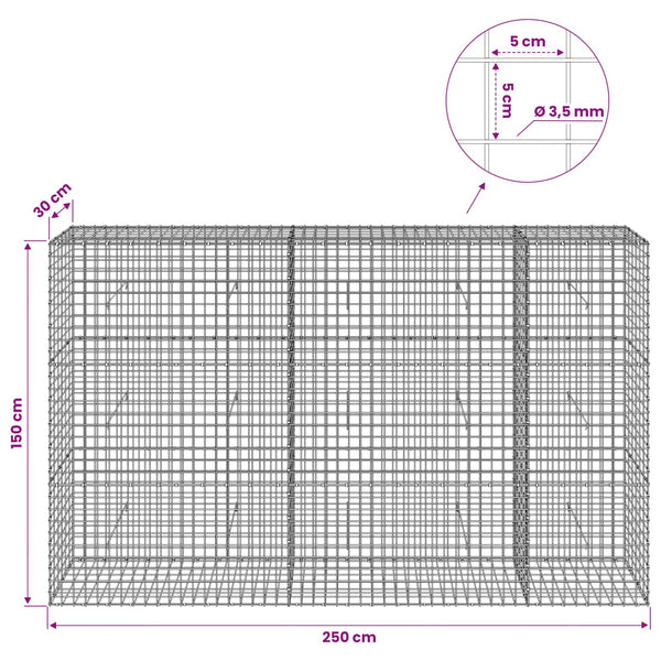Gabioni, jossa 3,5 mm langat ja 5x5 cm verkko 250x30x150 cm