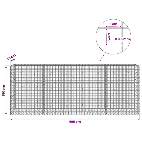 Gabioni, jossa 3,5 mm langat ja 5x5 cm verkko 400x30x150 cm