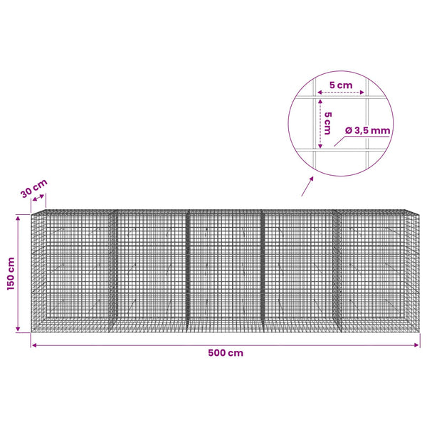Gabioni, jossa 3,5 mm langat ja 5x5 cm verkko 500x30x150 cm