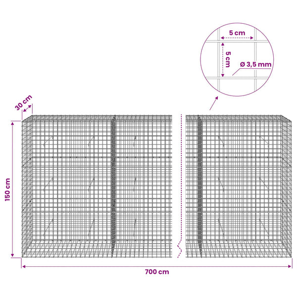 Gabioni, jossa 3,5 mm langat ja 5x5 cm verkko 700x30x150 cm