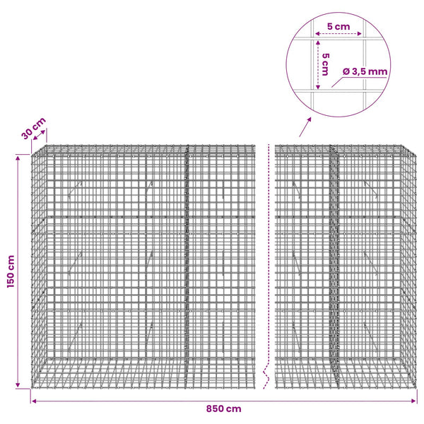 Gabioni, jossa 3,5 mm langat ja 5x5 cm verkko 850x30x150 cm