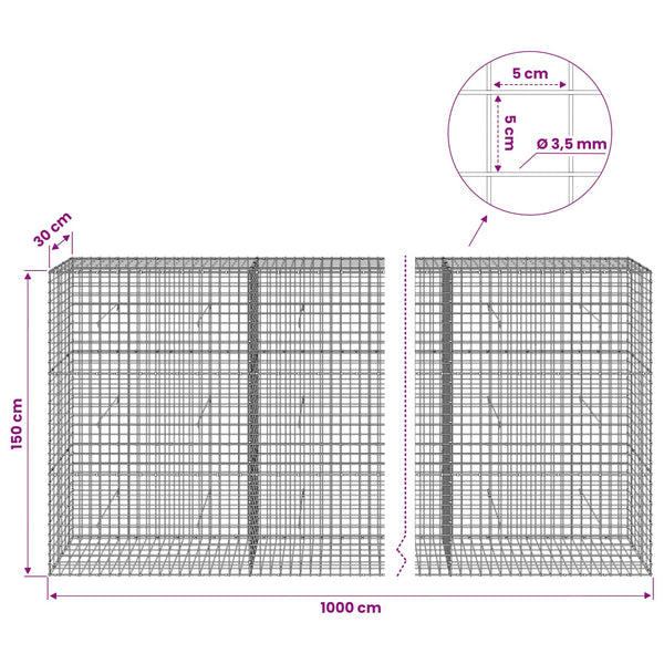 Gabioni, jossa 3,5 mm langat ja 5x5 cm verkko 1000x30x150 cm